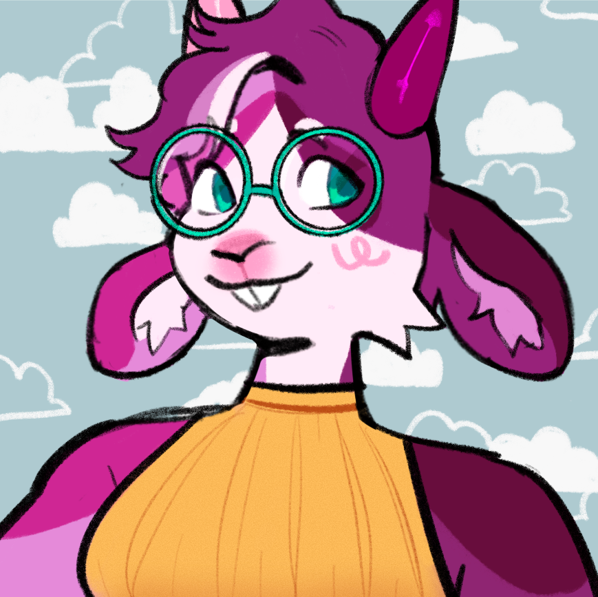 a shoulders-up portrait of a smiling purple anthromorphic goat in a mustard yellow crop top. Art by Peachybat.