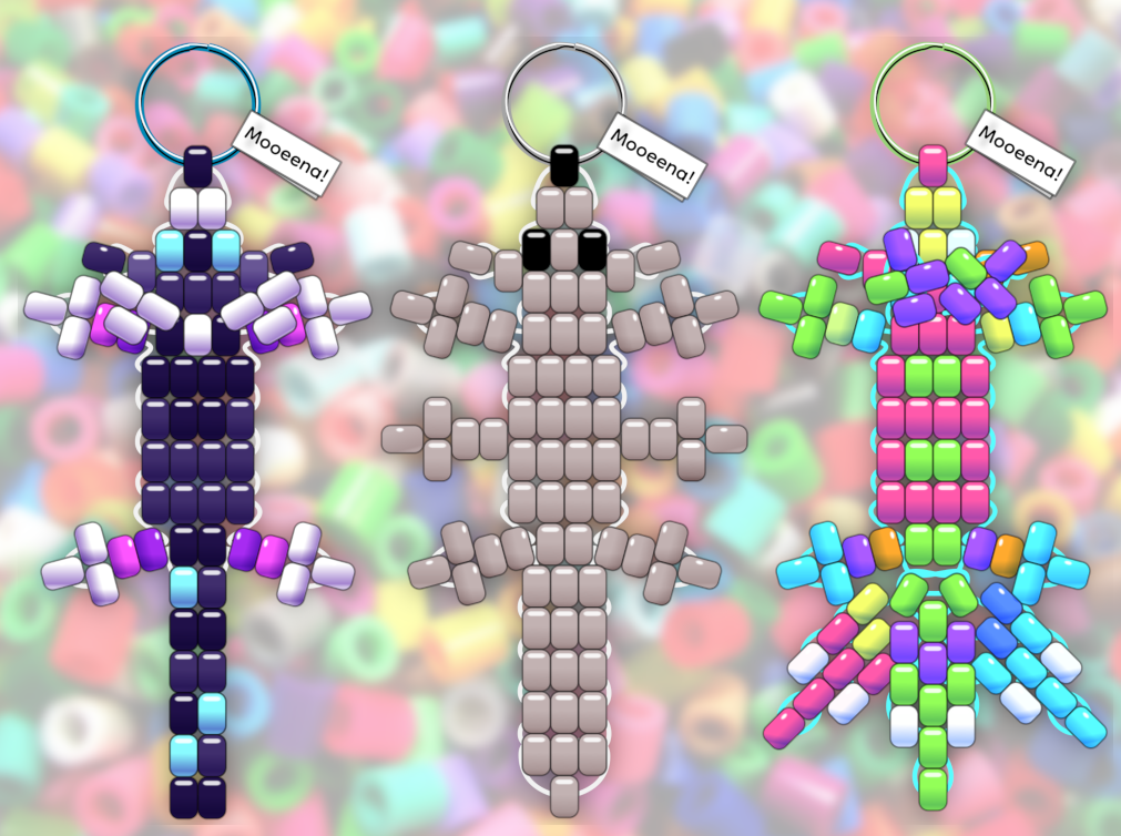 three beaded critter keychains