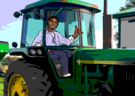 A smiling black man gives a shaka sign from the seat of a tractor