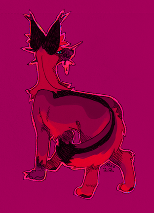 A garnet and red caracal grins over its shoulder as blood coats its muzzle and left paw.
