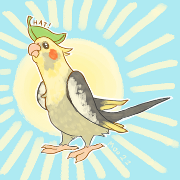 A cinnamon pearl cockatiel proudly displays a leaf on her head in front of a sun-patterned background. The leaf is labeled HAT!