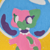 a pink and green mew wearing lacy bands poses with its tail in a celtic knot in front of a bubble