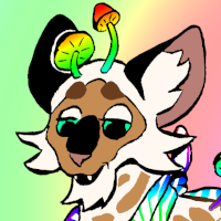 a spotted mocha tabby paint cat smirks. They have one etra front toe,  rainbow tie-dya bandana, and rainbow mushrooms sprouting along the head and back.