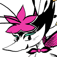 Ink drawing of a white, pink, and black bird with fairy wings and a flower on his head waving a crystal wand