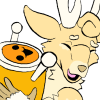 a light yellow anthro deer laughs and holds a smiling orange drum