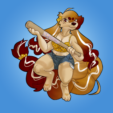 A tan anthropomorphic dog with long, braided ears and tail holds a baseball bat with a sticker that says Smaaaash!!