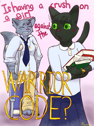 A light novel parody cover of two anthropomorphic cats with the title 'Is having a crush on a girl against the Warrior Code?'