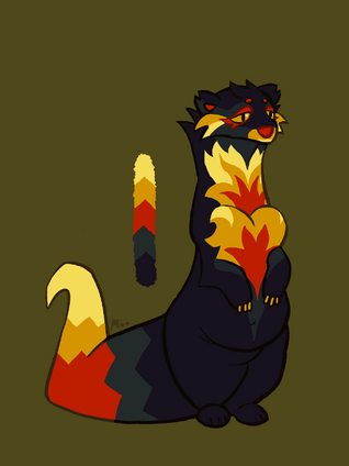 A short, dark blue anthropomorphic stoat with yellow and red flame motifs on the chest and tail.