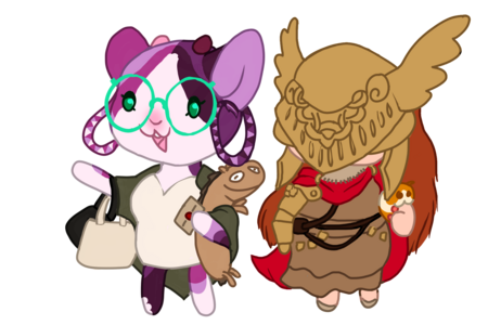 A purple anthropomorphic goat dressed as Zorayas from Elden Ring points to the right while loaded down with merchandise. Next to her is a woman dressed as Malenia from Elden Ring. She is holding a plush Molcar.