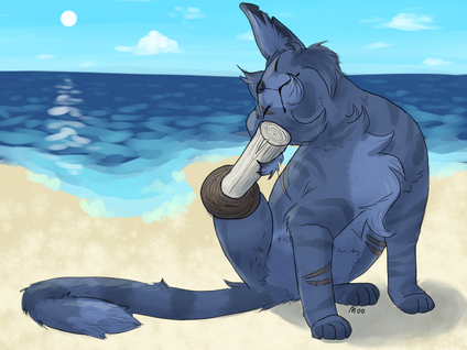 a blue cat with a peg leg scratches itself on a beach