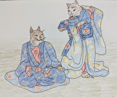 a colored pencil parody of an Ukiyo-e of two anthropomorphic cats wearing kimonos