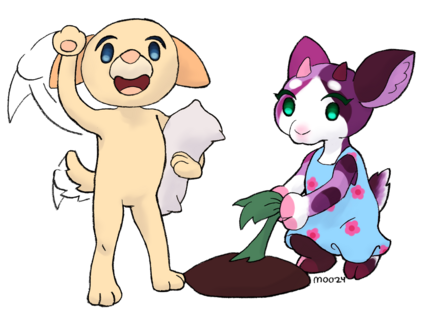 Digital art of two chibi furries gardening. A waving puppy is holding a sack, and a goat, Moo, is pulling a plant out of the ground.