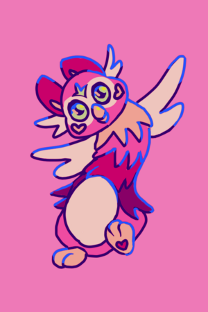 A long pink furby with small white wings.