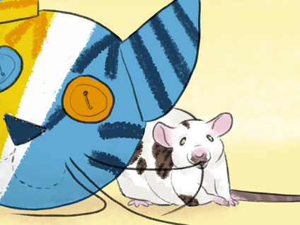 a white spotted mouse holding the whisker of a large cat-shaped toy