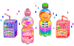 animated pixel art of four colorful drink bottles
