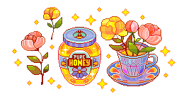 pixel art of a jar of honey and a teacup full of flowers
