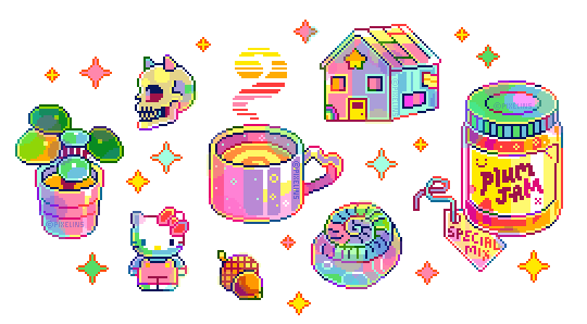 pixel art of various trinkets: a plant, a skull with horns, a steaming mug, a toy house, a jar of special mix plum jam, hello kitty, an acorn, and a spiral shell